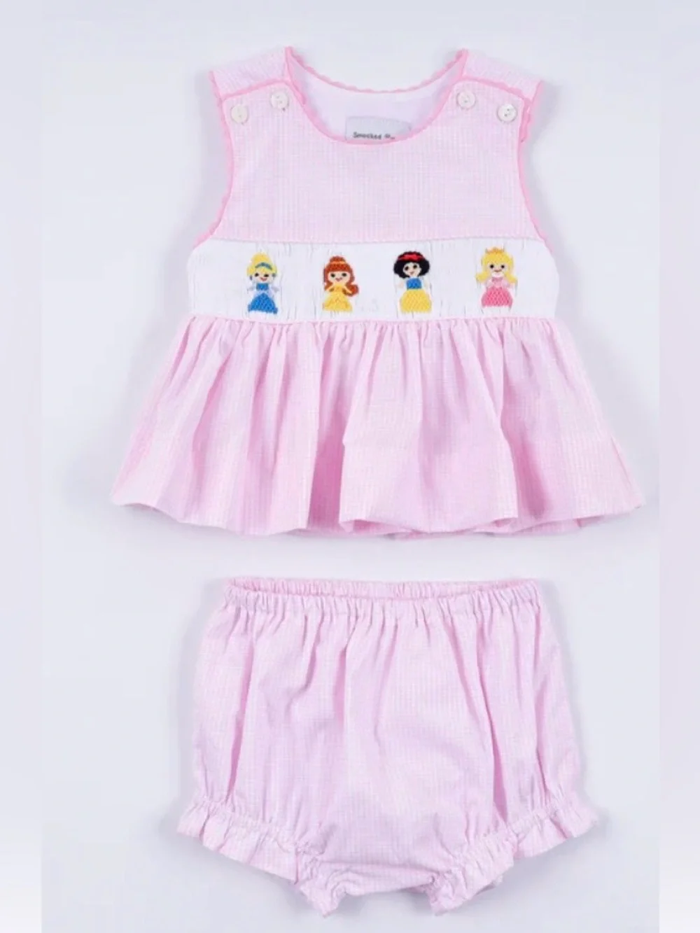 Pink Gingham Smocked Princess Top & Bloomers Set